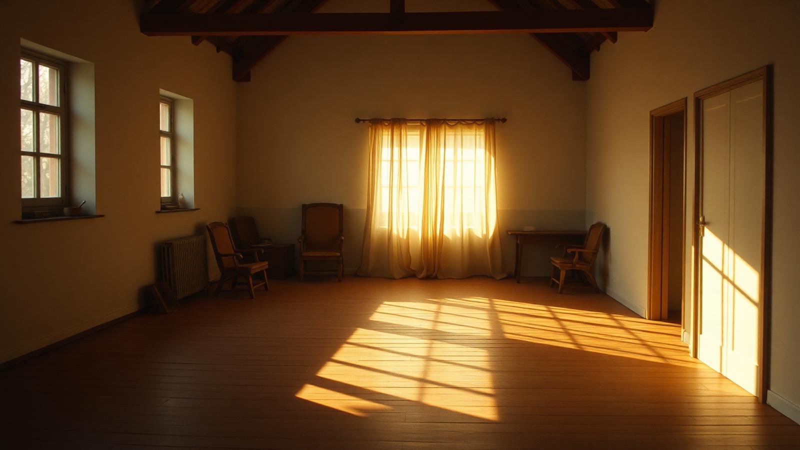 An empty atelier with morning light across a wooden floor