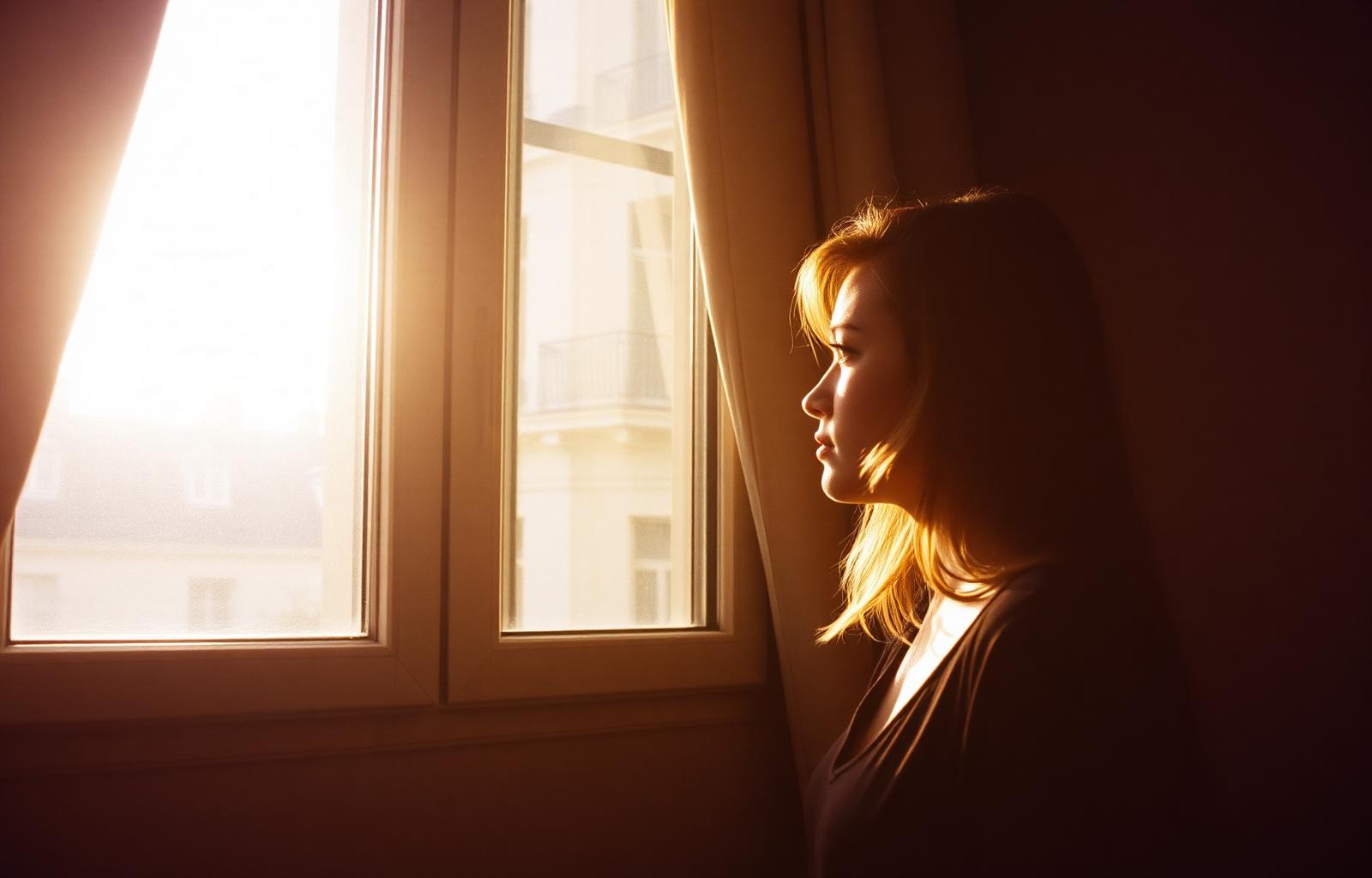 A Paris window at golden hour, profile in soft light