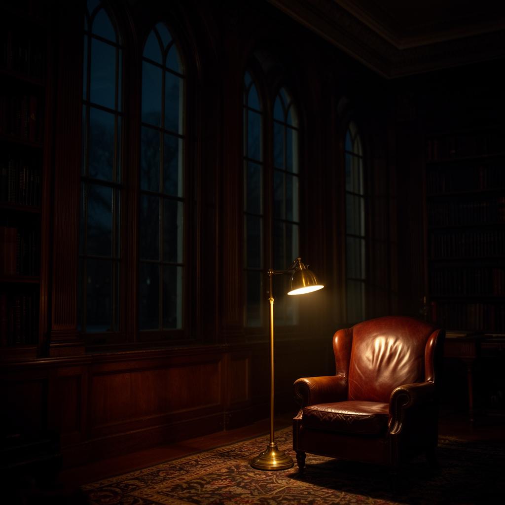 A candlelit library salon with a leather chair